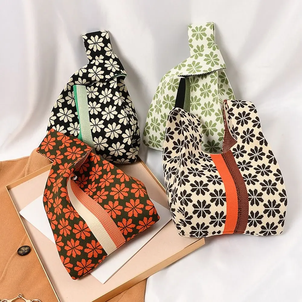 

Girls Storage Bag Plaid Makeup Lipstick Bag Mini Knot Bag Stripe Knitted Wrist Bag Women Flower Handbag Small Tote Bag