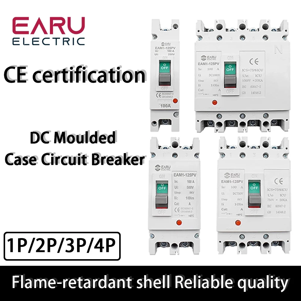 DC 1000V 500V Circuit Breaker 2P 3 4 Pole Mccb 48V 72V 96V 200V 250V Spannung 100A 160A 200A 250A 400A 630A PV Solar Protector