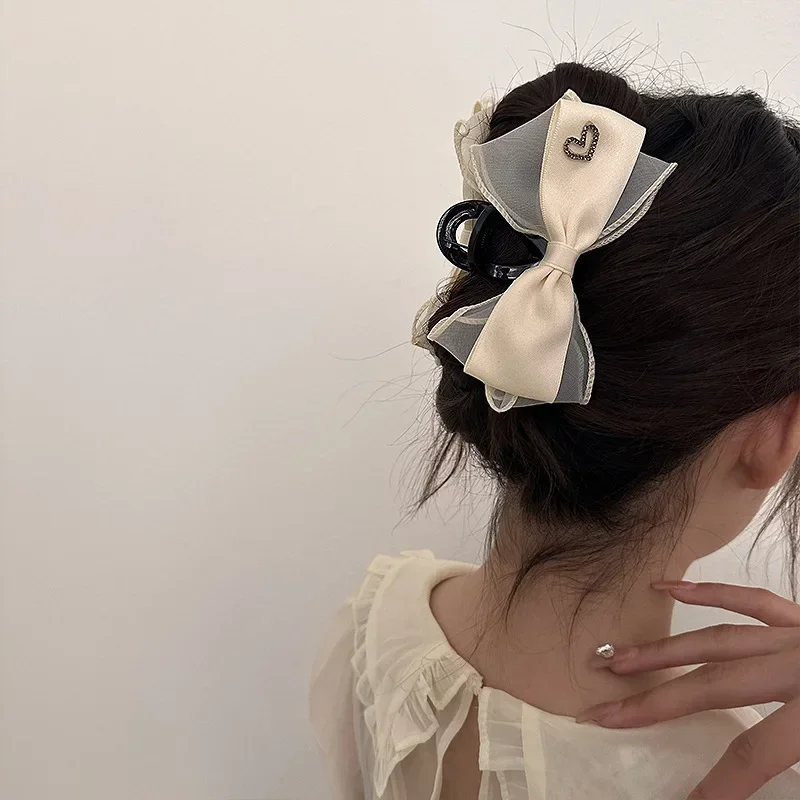 Mesh Lace Big Bow Hair Claw Clamp Ribbon Black White Two-sided Hair Clip Claw Clamp Headwear Girls Women Hair Style Accessories