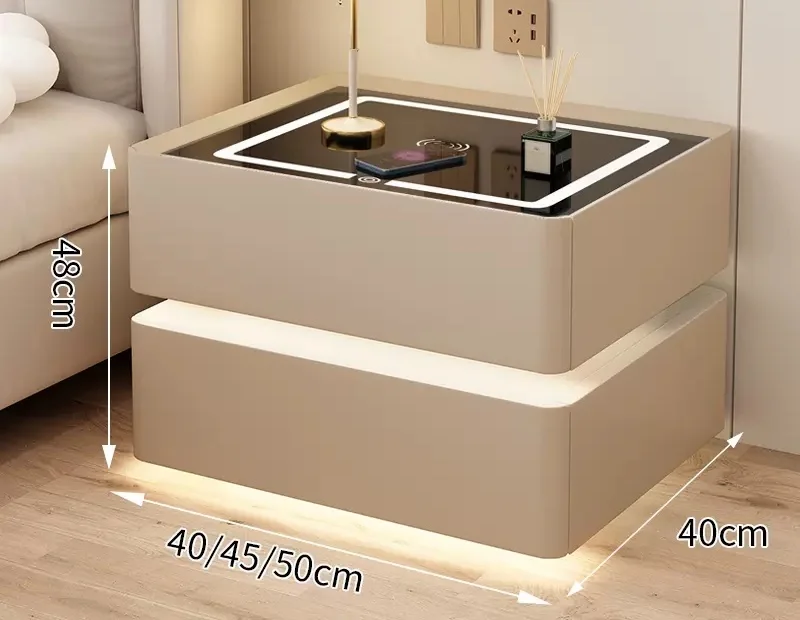 thumbnail image 1 of Mesita de noche de madera maciza de estilo moderno con carga inalámbrica, mesitas de noche inteligentes con 2 cajones para dormitorio con cerradura de 40cm, 1 of 4