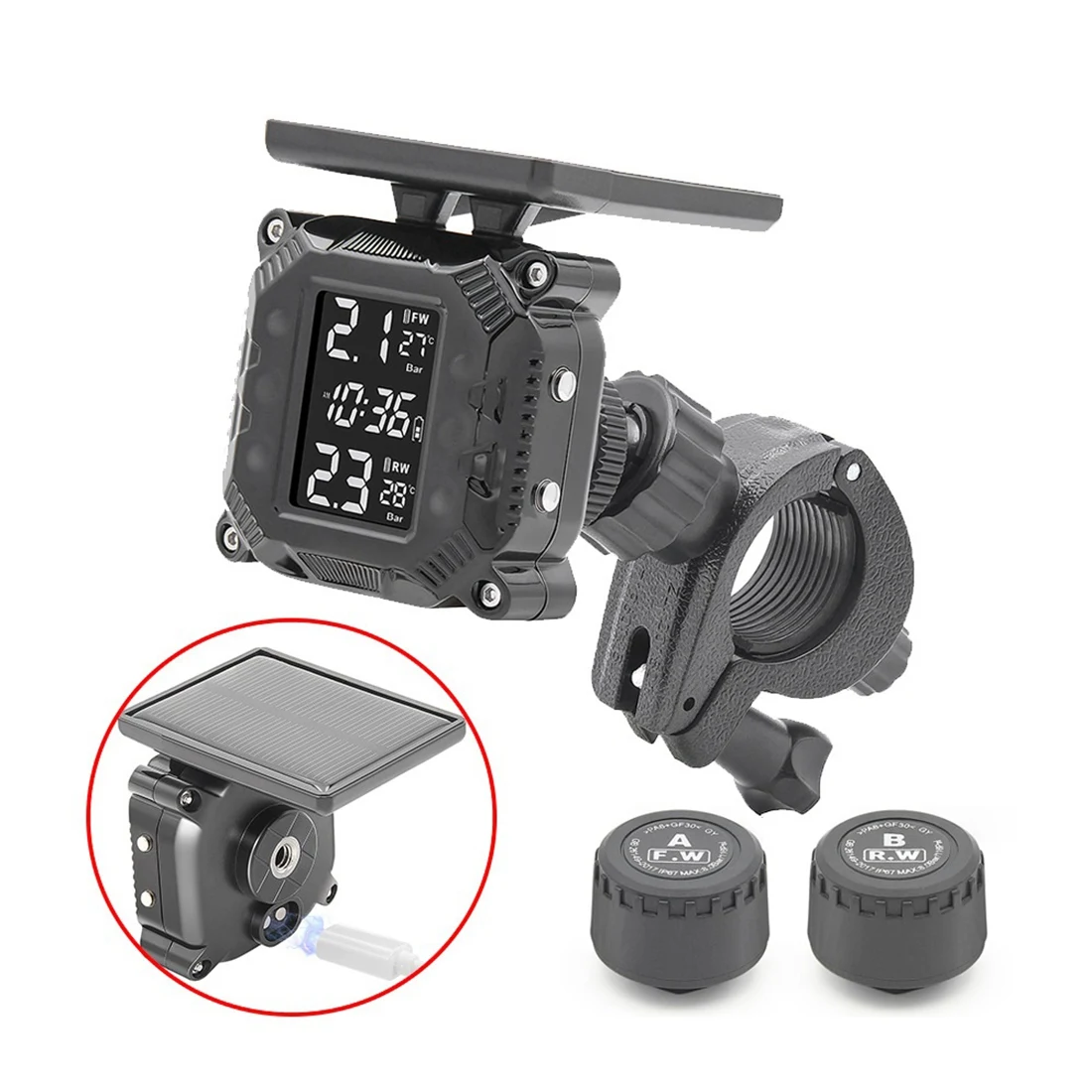 오토바이 TPMS 모터 타이어 압력, 태양열 충전, 타이어 온도 모니터링 경보 시스템, 외부 센서 포함