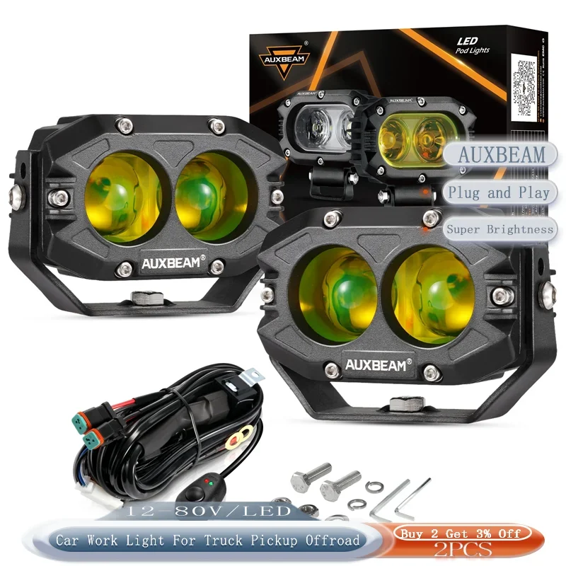 Auxbeam DC 12-80V 4 Inch Square Spot Light LED Work Light with Harness for Truck Pickup Offroad PCB Lens  Aluminum alloy shell