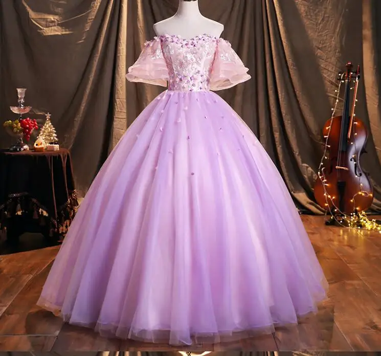 

Lilac Quinceanera Dresses Ball Gown Off The Shoulder Lace Shinning Sweet 16 Dresses Graduation Gown Vestidos Evening Dress
