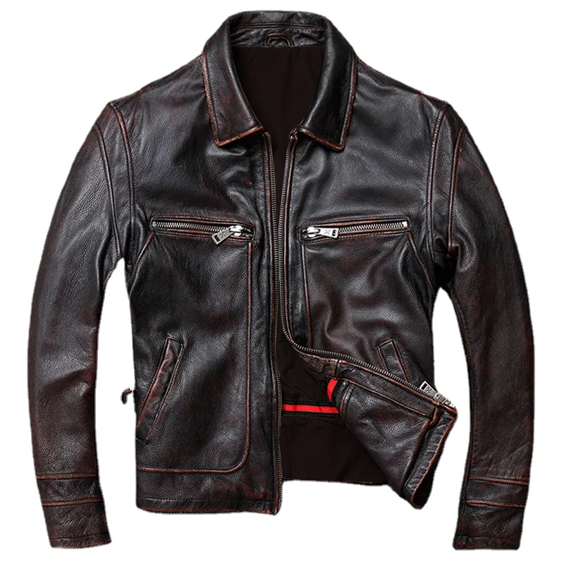 Classic Men Cowhide Coat Genuine Leather Jacket Vintage Style Real Leather Clothes Calf Skin Clothes
