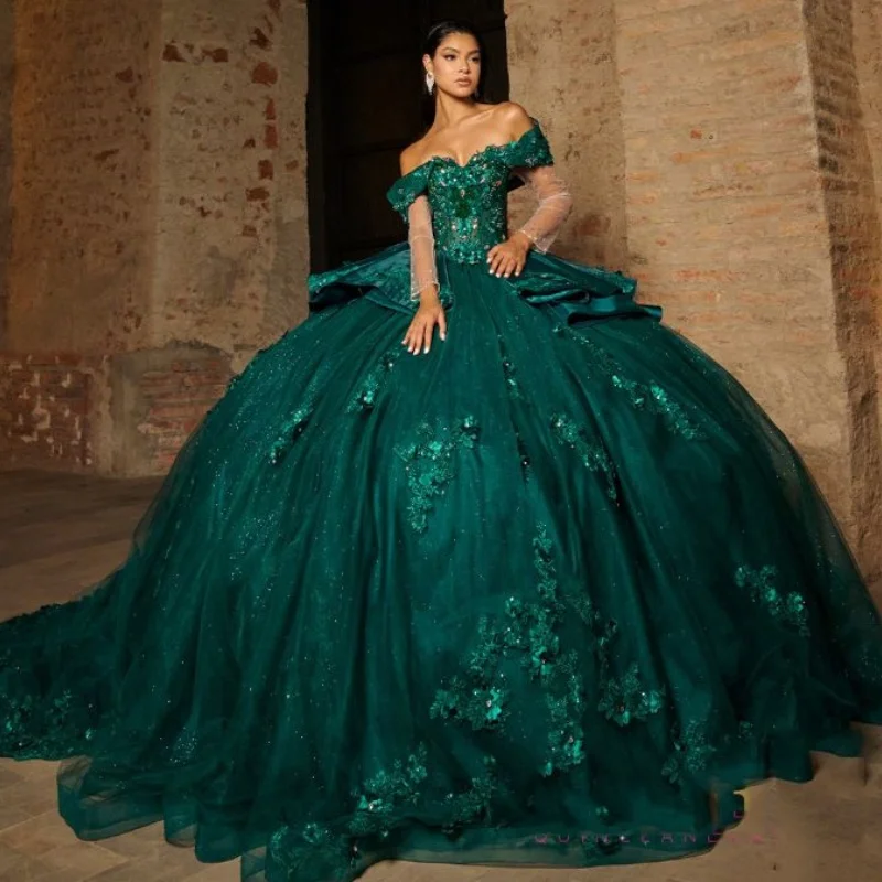 EVLAST Emerald Green Quinceanera Dress Ball Gown 3D Floral Applique Beading Tiered Corset Sweet 16 Vestidos De XV 15 Anos SQ3