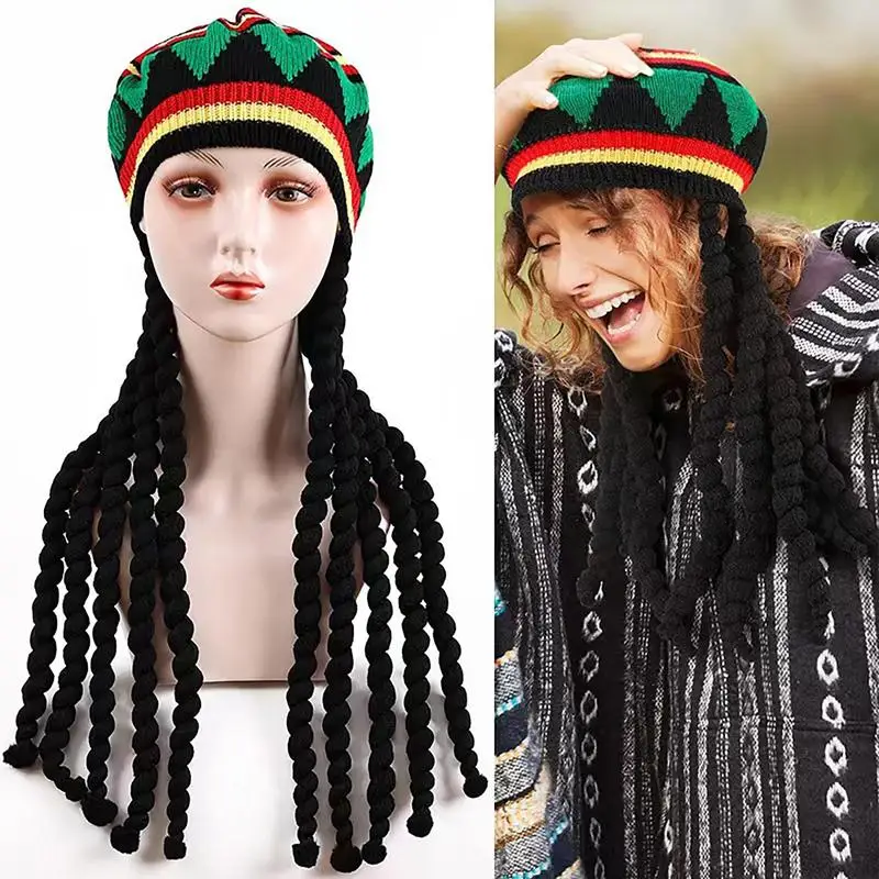 Rasta Cappello Parrucca Unisex Lavorato A Maglia Treccia Cappello Hip Hop Berretto Giamaicano Bob Rasta Beanie Cappelli Hip Hop Cap Nero Capelli Lungh