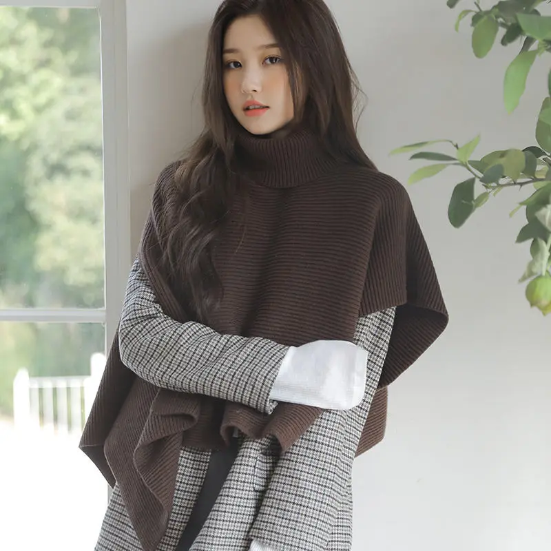 

2023 Autumn Poncho Women Round Collar Sweater Winter Solid Jumper Knitwear Holiday Vintage Cape Batwing Sleeve Ponczo T280