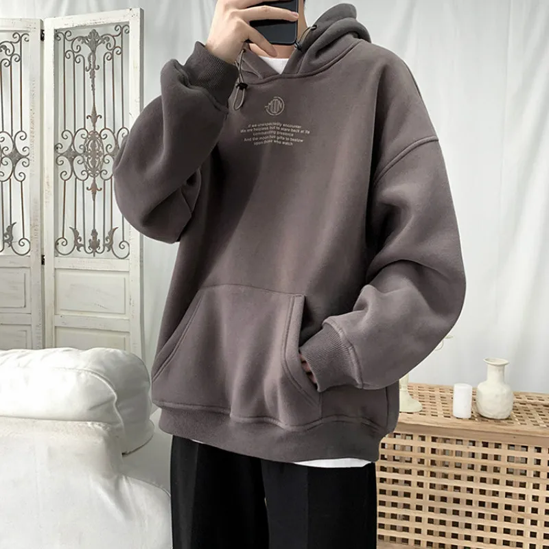 

Men Plush Hoodies Sweatshirts Korea Loose Casual Oversized Pullovers 2023 Man Spring Autumn New Sweatshirts Black Grey Clothing
