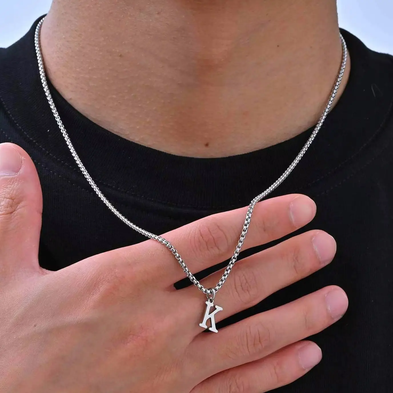 Gold Initials Chain Necklace for Men - Personalized Letter Pendant on Stainless Steel Box Chain