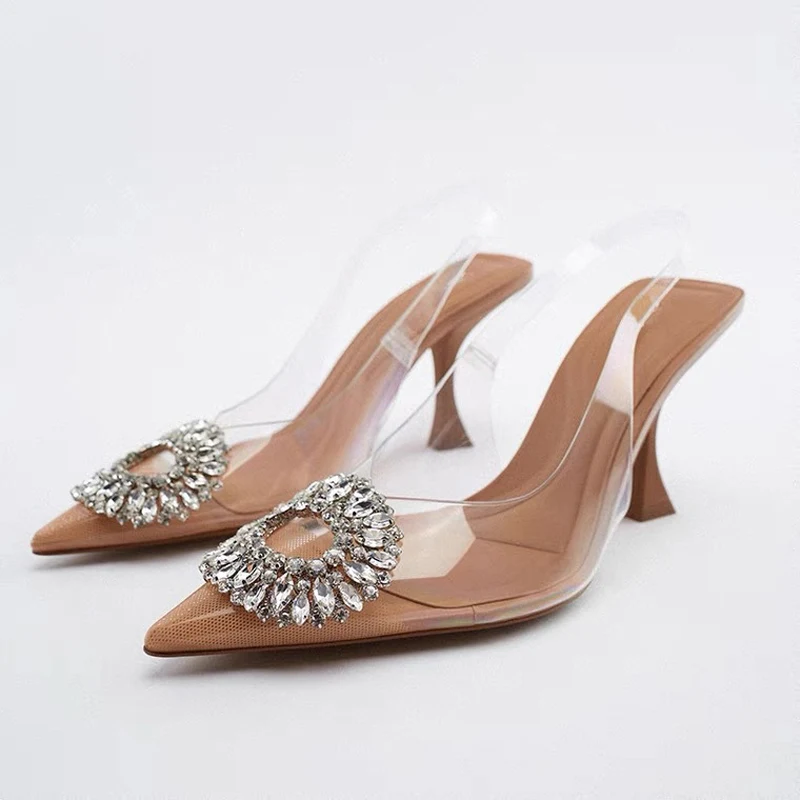 Luxury Brand Women High Heels Rhinestone Fashion Sandals Summer Transparent Shoes Ladies Pumps Slingbacks Plus Size 42