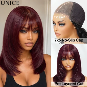 UNice No-Slip 7x5 Lace Black Cherry Layered Cut Straight Bob Wig With Bangs Pre Cut Pre Bleached Glueless 100% Human Hair Wigs