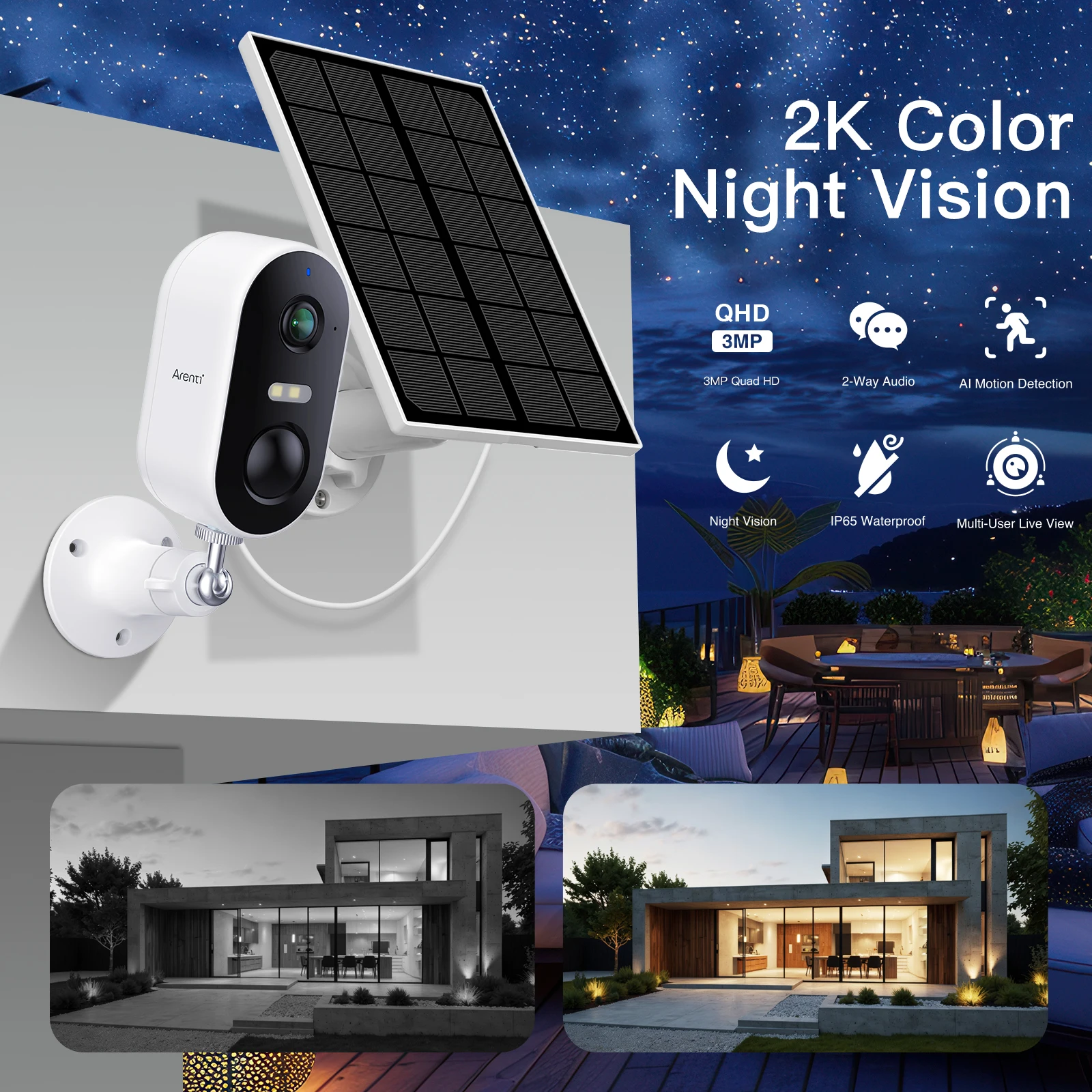 ARENTI 2K WiFi Camera Outdoor Security Camera with Solar Panel