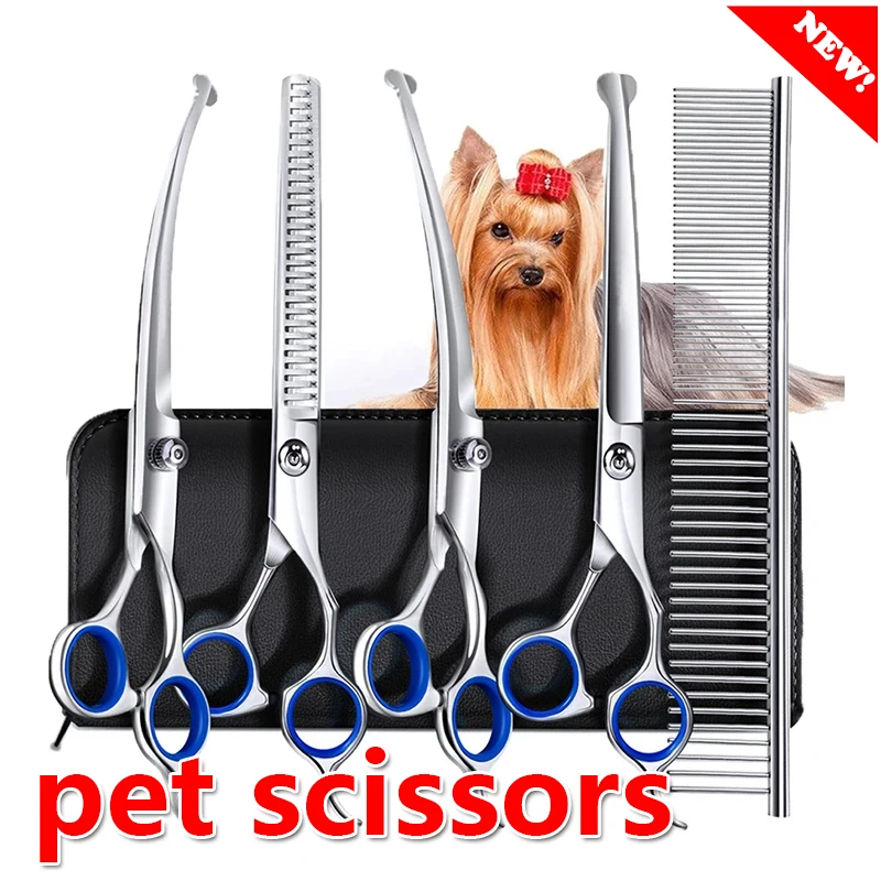 Dog Grooming Scissors Kit Professional Dogs Grooming Scissors Set Stainless Steel Dog and Cat Hair Thinning Shears With Safety Round Tip For Pet