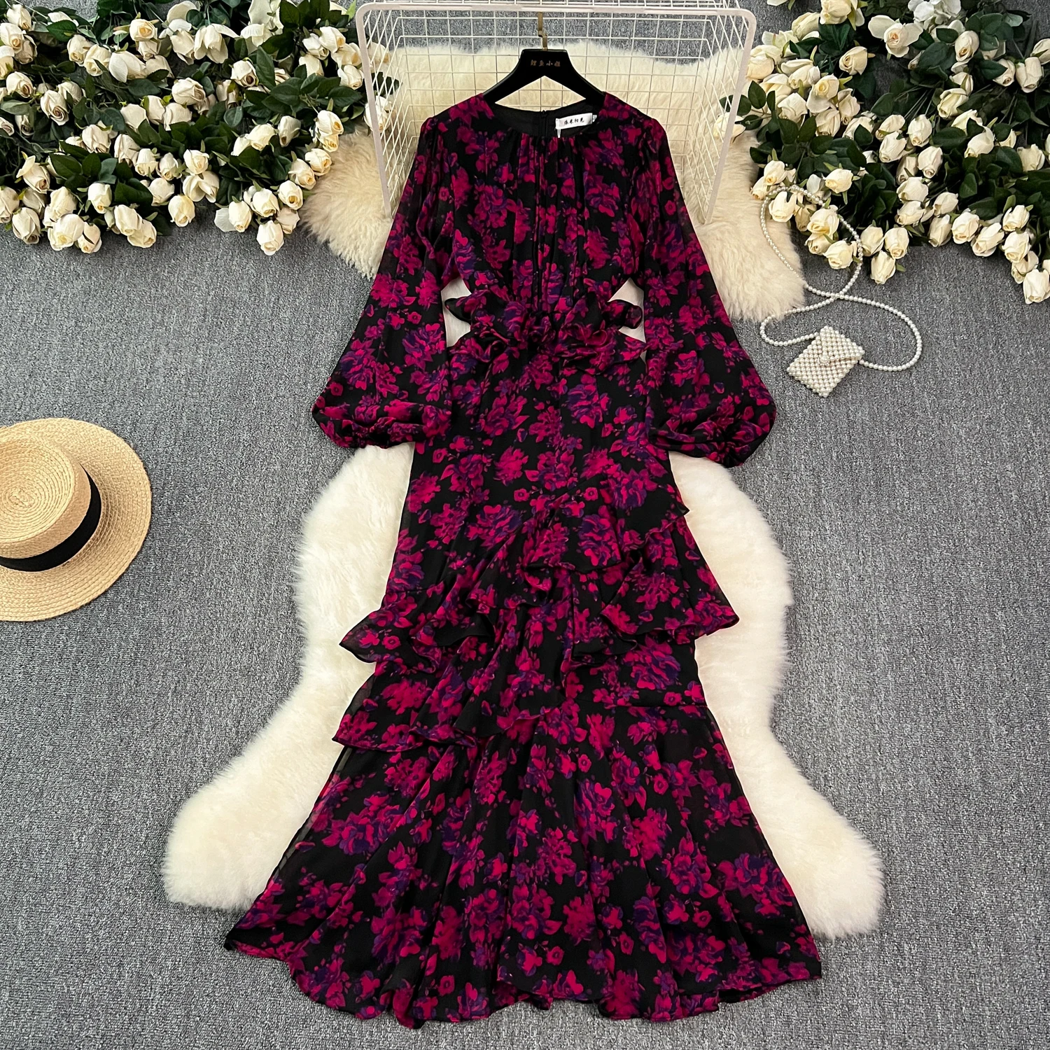 

Summer Long Floral Dress for Women Ruffle Layered Maxi Elegant Female Vestidos Lace Up Wave Luxury robes longues New In 2024