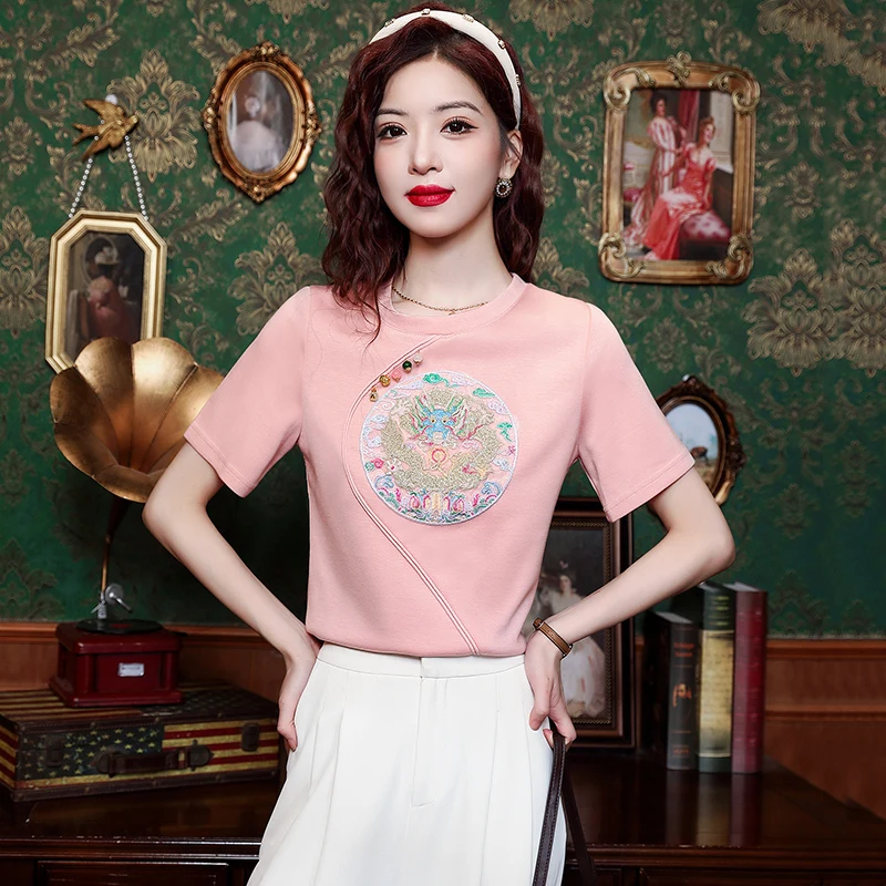 

Модная Летняя женская блузка с коротким рукавом и круглым вырезом, Повседневная Блузка с вышивкой, рубашка, женские топы, модные женские блузки 2024, летние H974