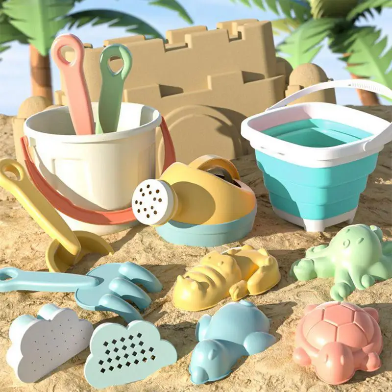 Sommerliches Strandspielzeug-Set für Kleinkinder: Sandkasten mit zusammenklappbarem Eimer, Schaufel, Rechen und Sandformen_voghion.com