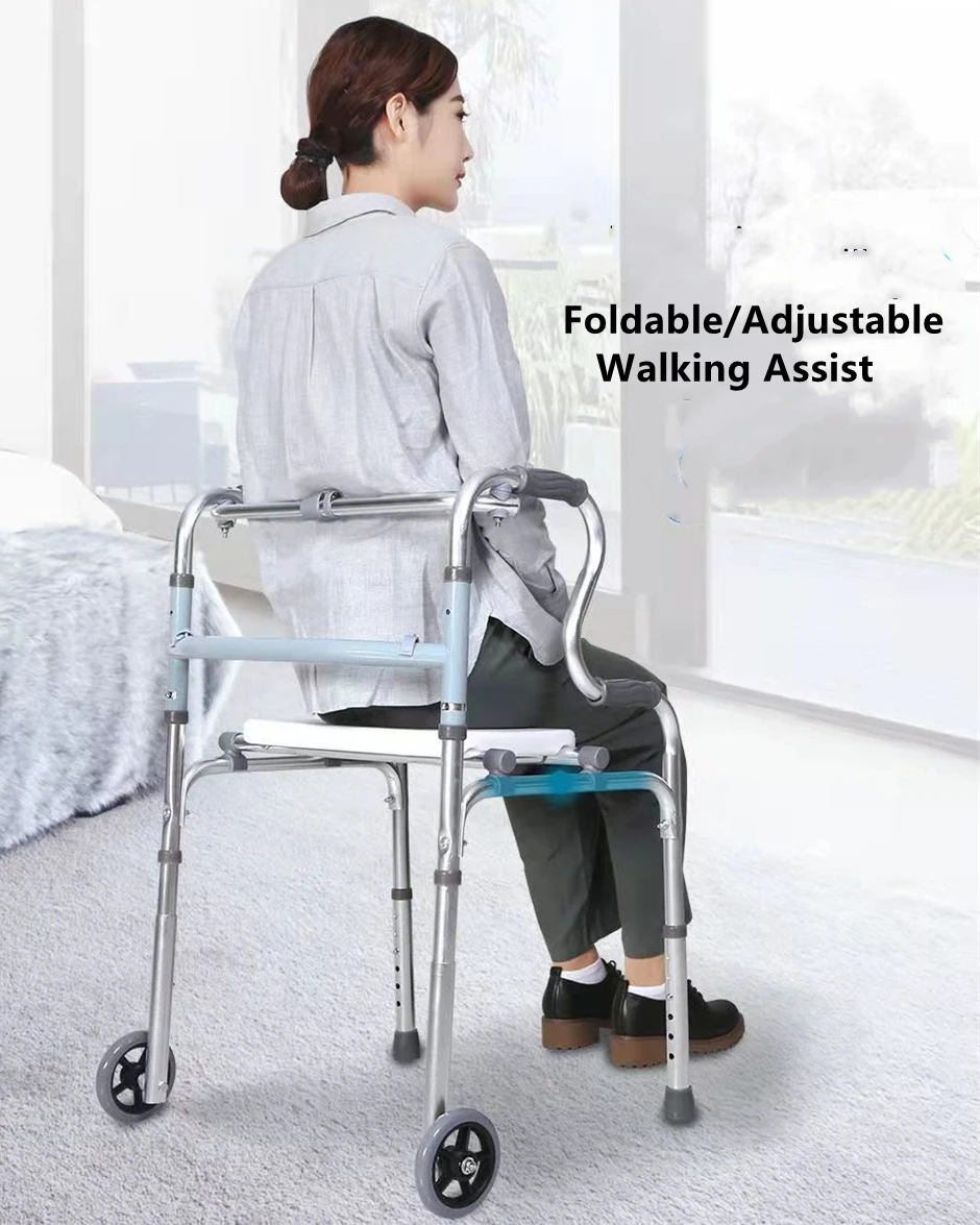 Elderly Foldable Rehabilitation Walker Adjustable Walking Assist Aluminum Alloy Standing Frame Rest Bath Pad Disabled Rollator