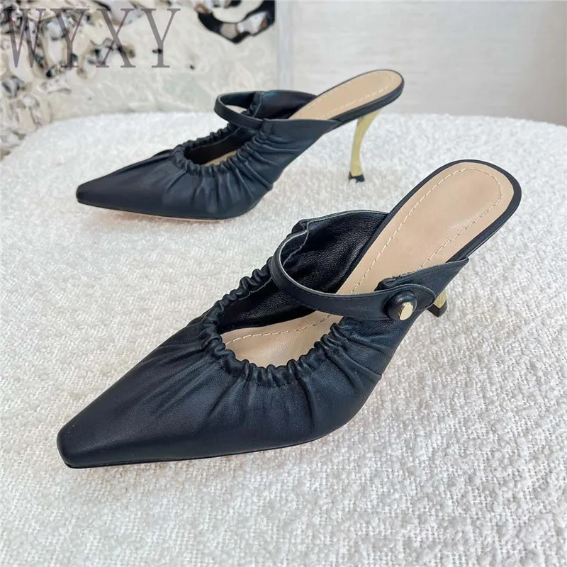 

Summer New Fashion Pointed Toe Thin Heel Women Slippers Sexy High Heels Concise Genuine Leather Shallow Mouth Party Dress Shoes