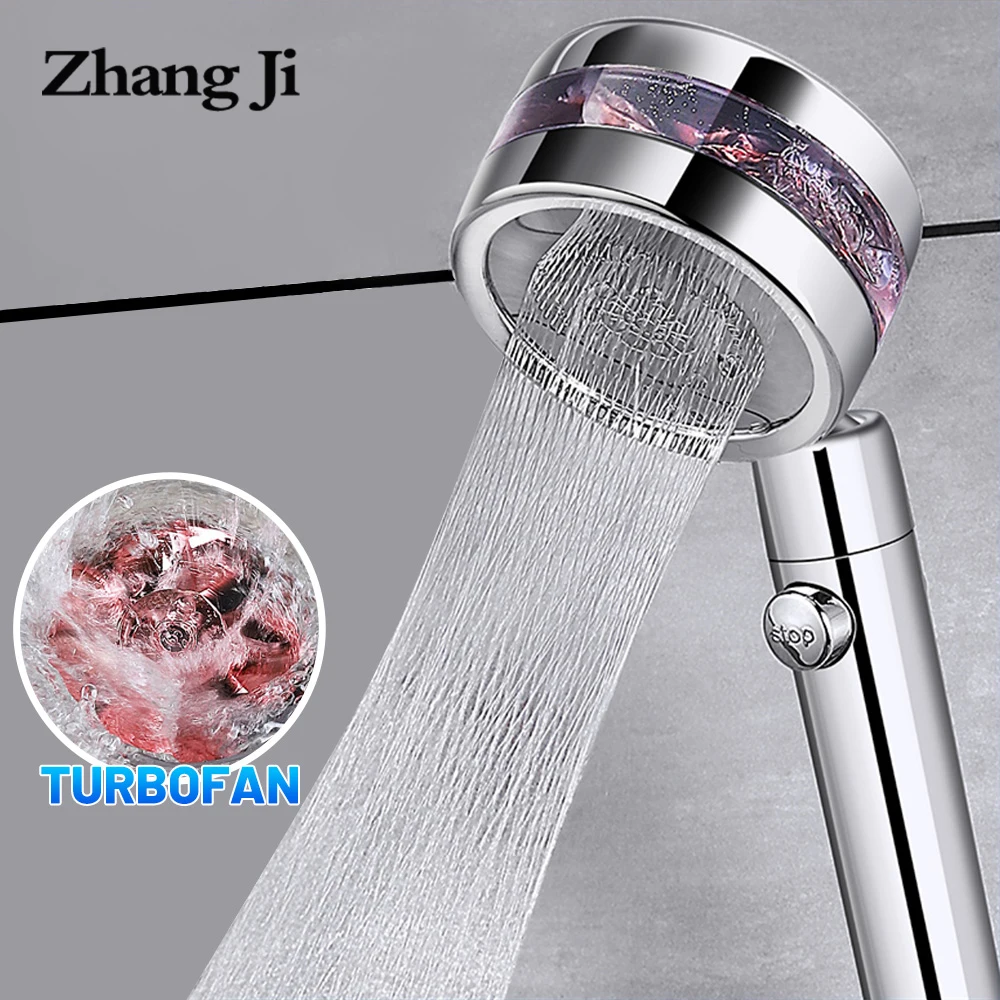 ZhangJi Bathroom Double Panel Shower Head Spiral Water Flow One Key Stop Turbocharged Propeller Driven Water Saving Shower