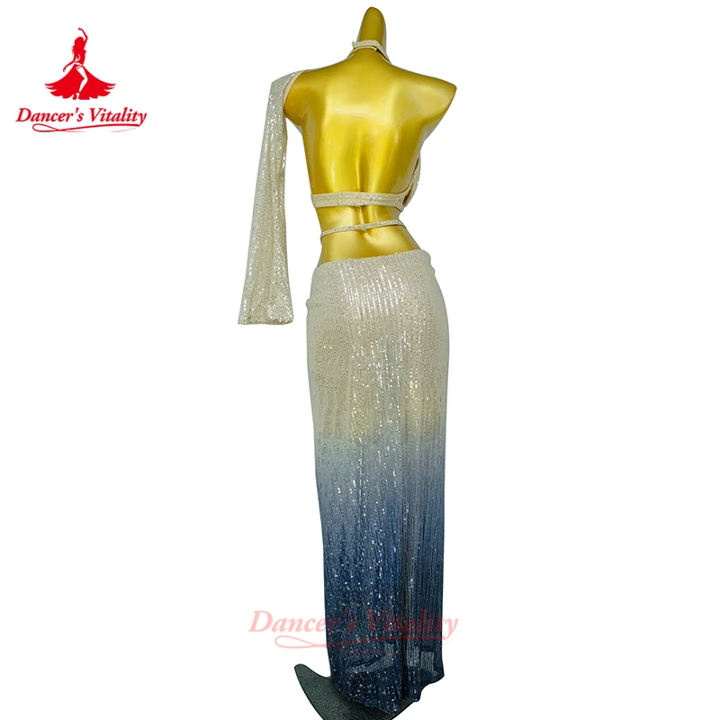 Bauchtanz-Anzug für Damen, AB-Steine, Fransen-BH + sexy langer Rock mit Farbverlauf, 2 Stück, Erwachsene, orientalische Tanz-Performance-Kostüme – Detail 5