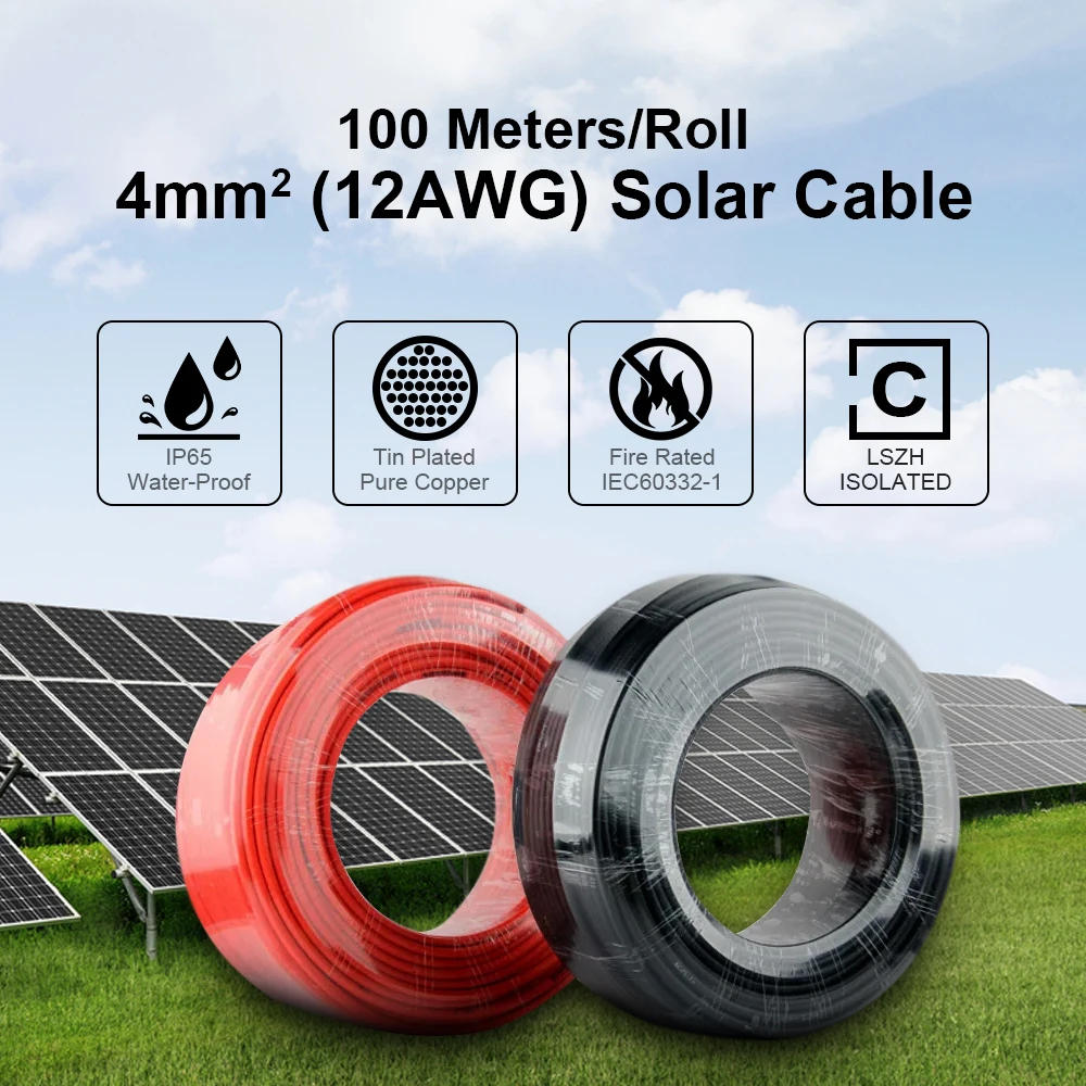 10AWG 6mm2 100/50Meters/roll Tinned Copper Solar Cable Red & Black PV Cable  wire TUV for Solar Panels System Connections