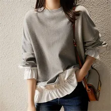 

Hoodie Trendy Ins Round Neck Pullover Fake Two-piece Sweater Bell Sleeves New 2022 Japan Korean Casual Autumn Spring Ladies Tops