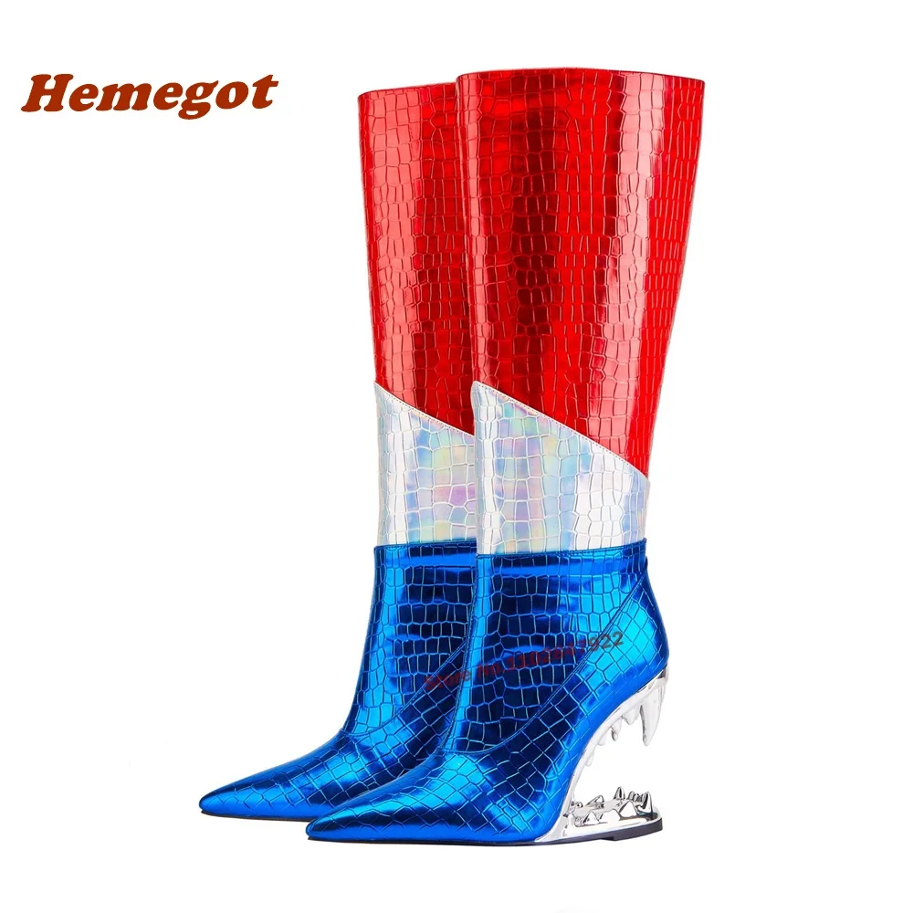 

Multi-Color Canine Teeth Knee High Boots Pointy Toe Strange Style Winter Women's Boots 2023 New Arrival Patchwork Stone-Pattern