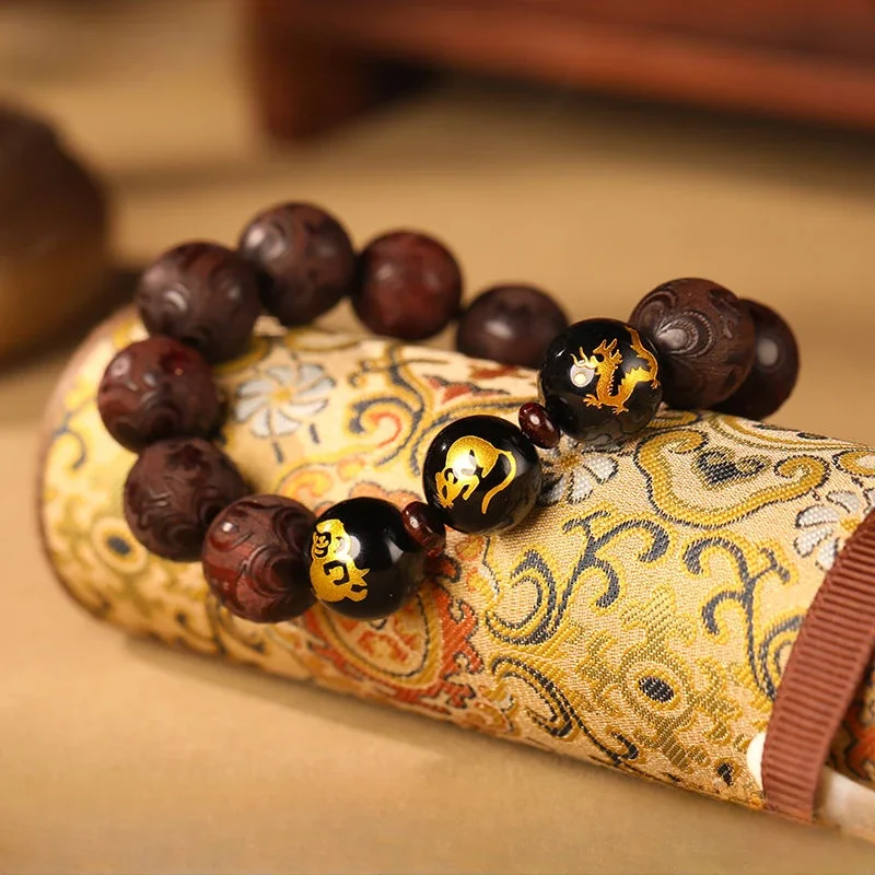 

Natural Pterocarpus Santalinus Bracelet Twelve Zodiac Lucky Bracelet Women's Three-in-One Buddha Beads Rosary Hand Toy Bracelet