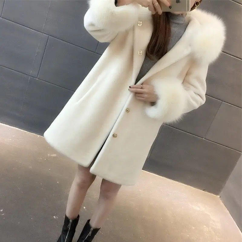 Imitation Fox Hair Winter New Hooded Sheep Sheared Fur Coat Wool Coat Women's Medium And Long Thickened Korean Slim Fit