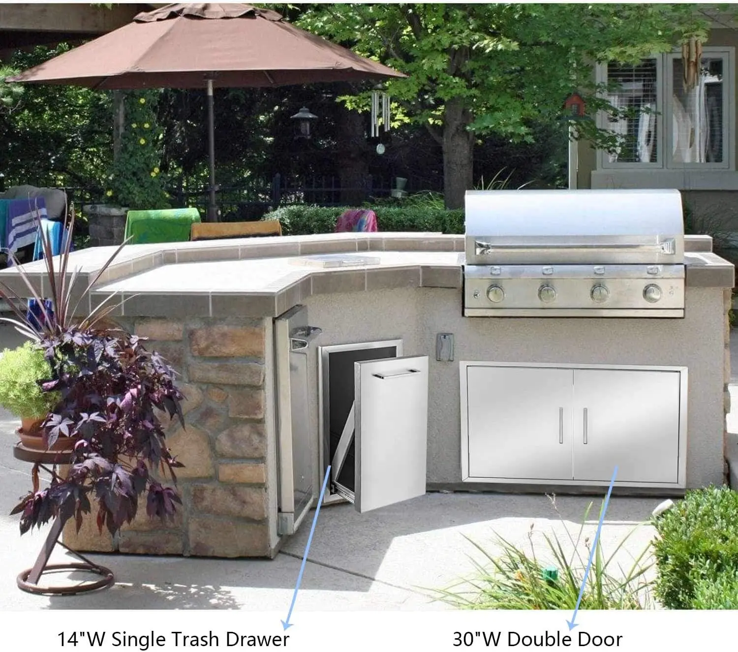 Pull-Out Trash Drawer Stainless Steel Outdoor Kitchen Trash Drawer Storage for One 10 Gallon Commercial Wastebasket