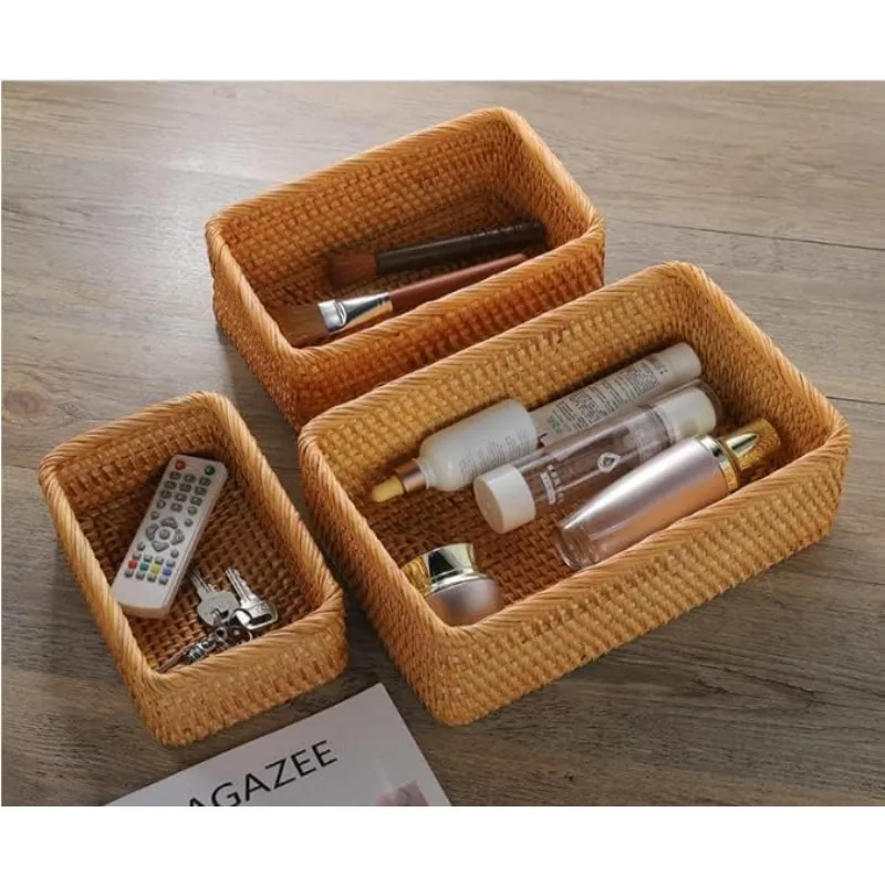 Natural Rattan Storage Baskets, Rectangular Woven Fruit Baskets, Wicker Decoration and Organizer for Bathroom, Living Room 2
