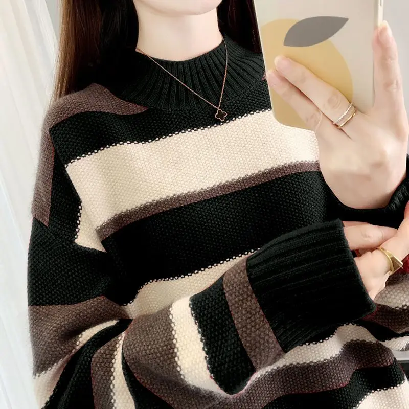 

Autumn and Winter Women's Half High Collar Long Sleeve Stripe Panel Contrast Color Loose Sweaters Jumpers Korean Fashion Tops