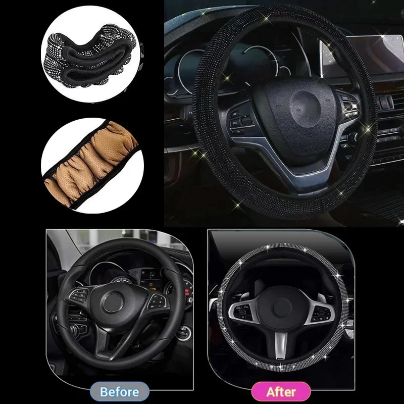 Bling Bling Diamond Rhinestones Car Steering Wheel Cover 37/38cm Auto Interior Accessories Women Case Car Styling Four Seasons steering wheel cover