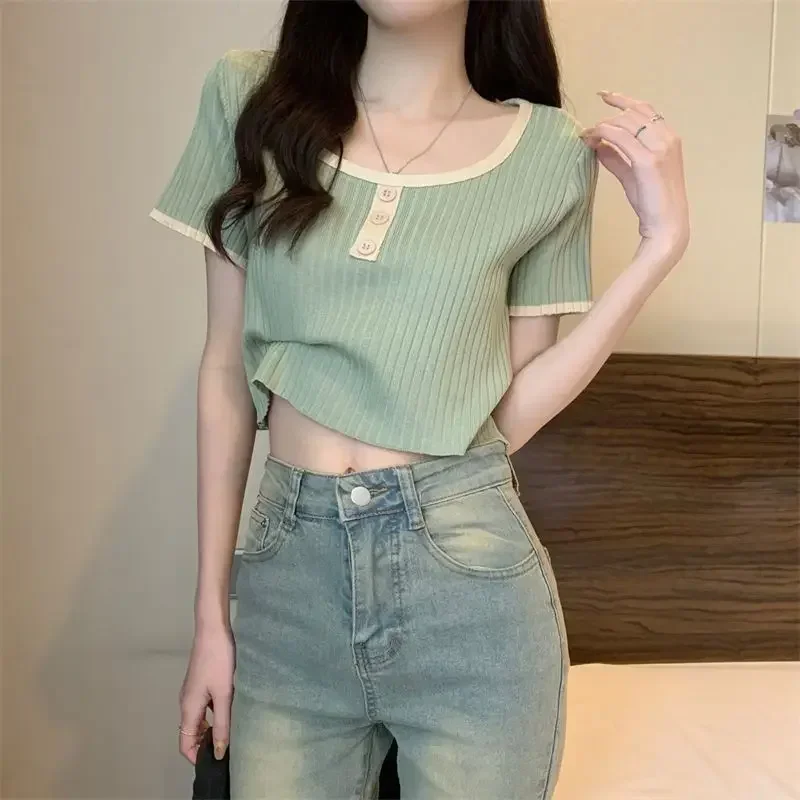 

Base ice silk top French collar short-sleeved T-shirt womens new summer 2023 high waist slim slim short trend gray22