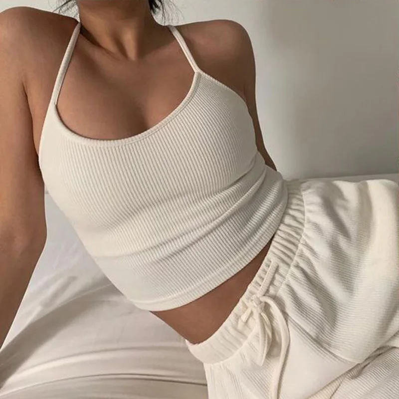 

Knitted Suspenders With Halter Vest For Girls 2022 Summer New White Simple Casual Top