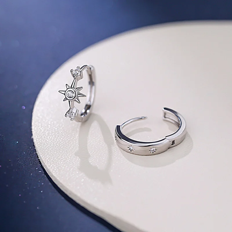 925 Sterling Silver Zircon Star Asymmetry Hoop Earrings Women Jewelry