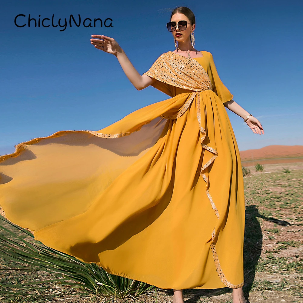 

Chiclynana Luxury Islamic Muslim Abaya V-Neck Orange Sequined Dubai Arab Maxi Dress Women
