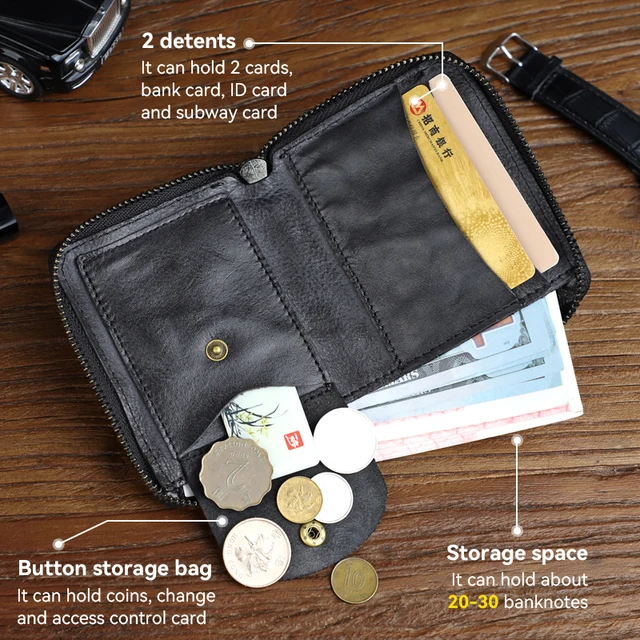 Genuine Leather Men's Wallet Retro Cowhide Zipper Card Holders with Coin Pocket Small Mini Male Money Purse 4