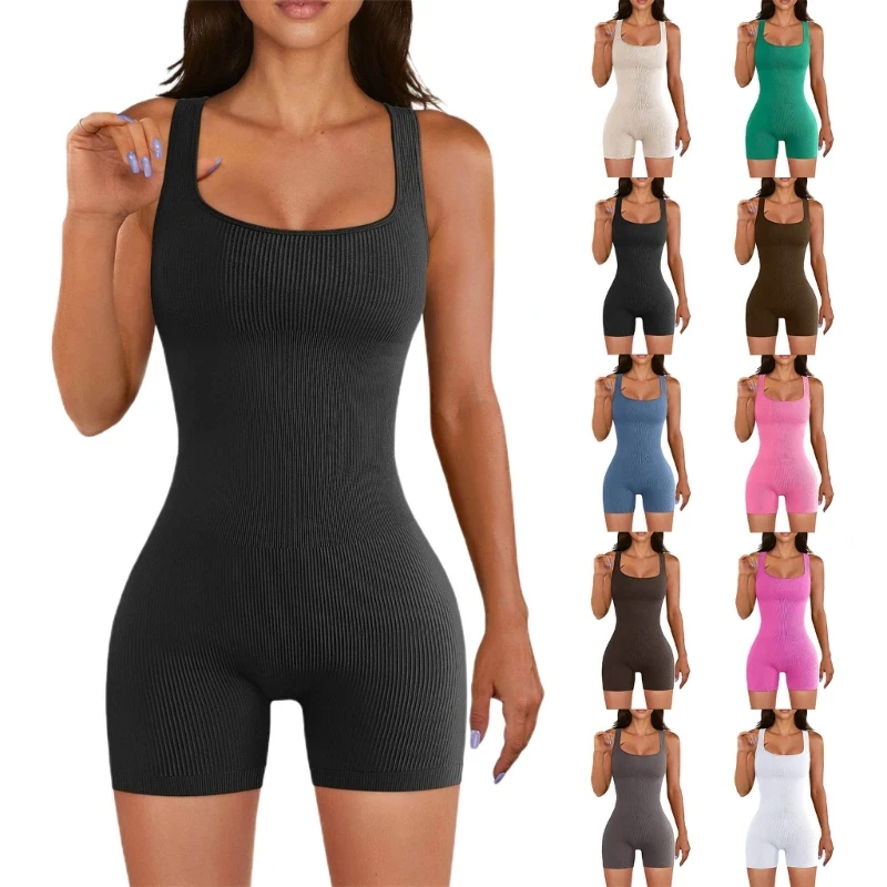 

Stylish Yoga Onesie Workout Polyester Fabric Ribbed Knit Fit Black Square Neck Sleeveless Bodysuits Jumpsuit 066C