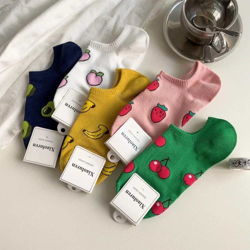 5 Pairs Women's Socks Set Korean Colorful Flower Graffiti Cute Kawaii Shallow Anti Slip Ankle Socks Girl