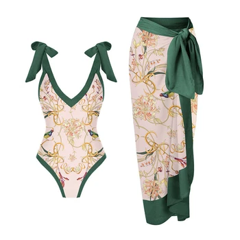 Circyy Bathing Suit Women Print Pattern Two-piece Bodysuit Lace Up Chiffon Cover-Ups Wrap Skirt Summer 2025 New Fashion Swimwear