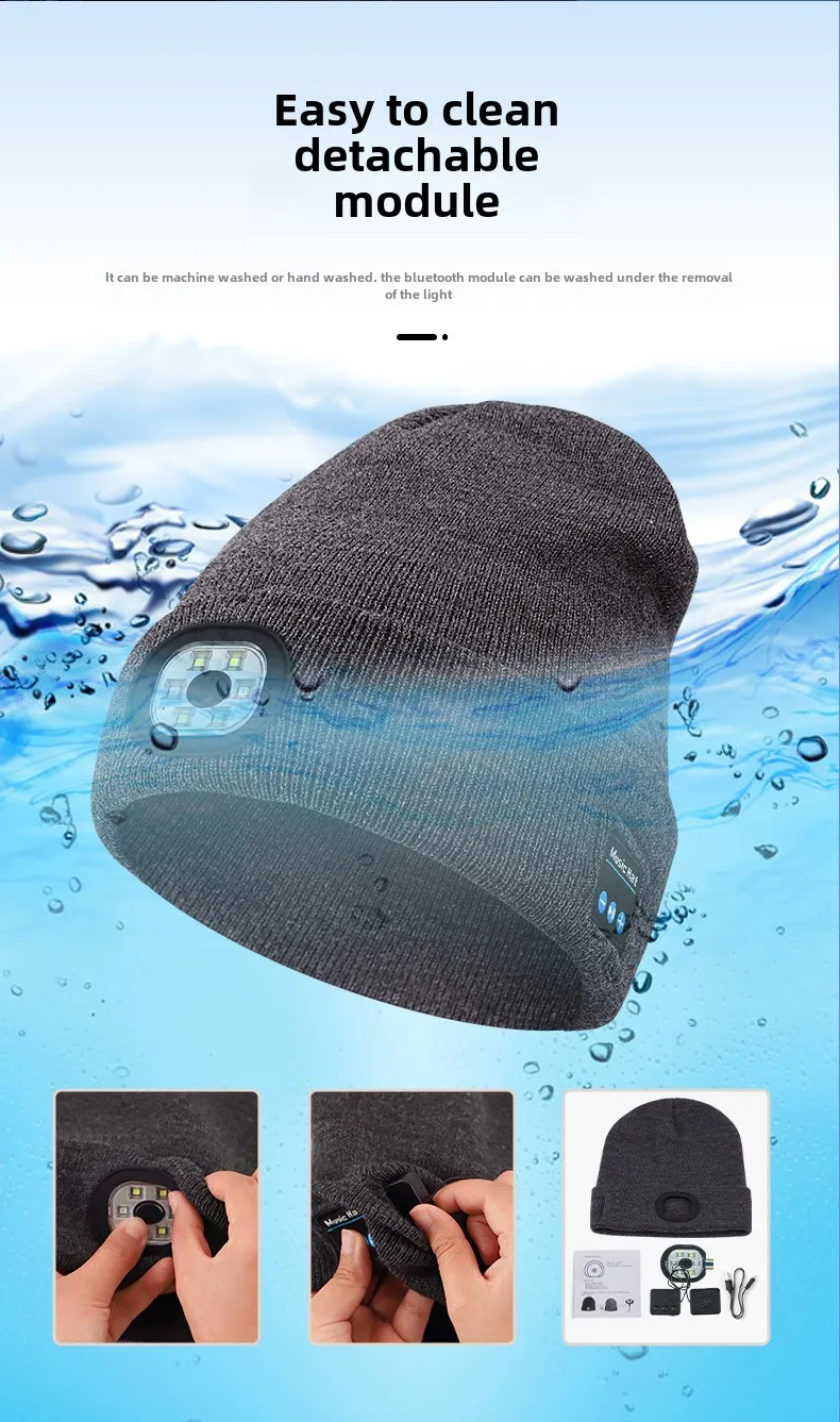 Outdoor hat, wireless bluetooth music, led lighting, knitted warmth, luminous hat, night running, cycling, safety