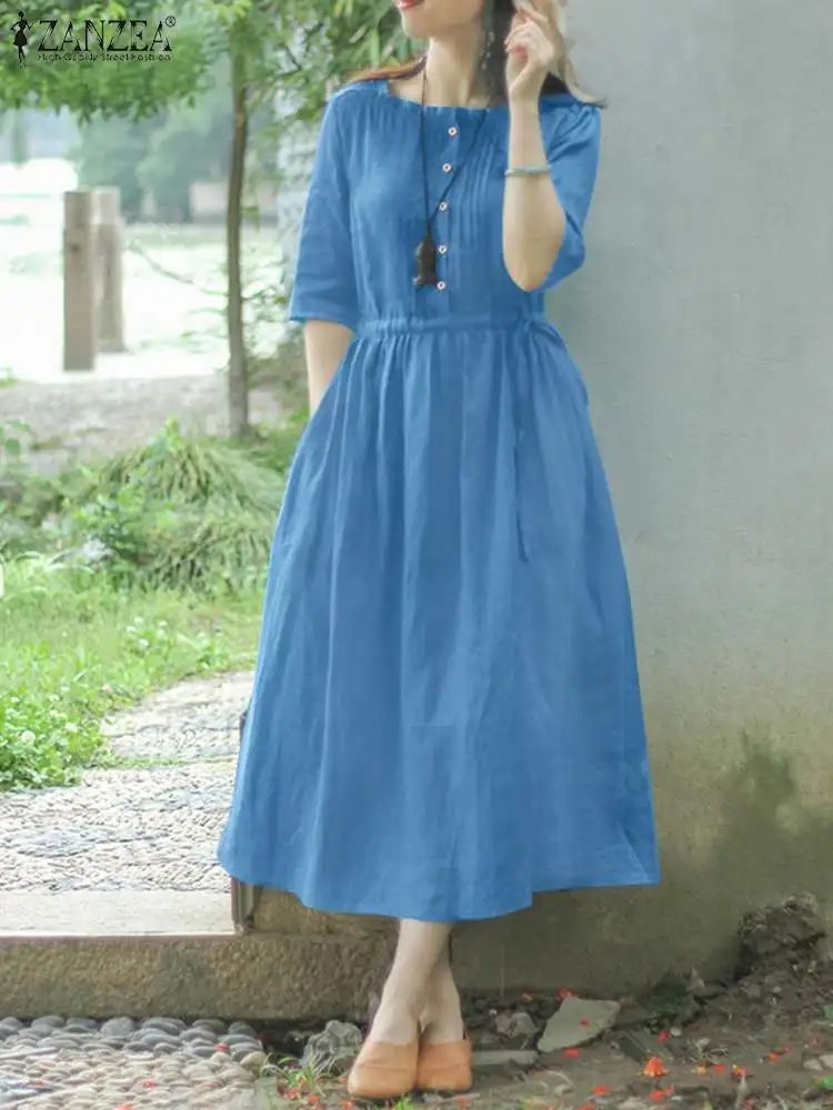 

2023 ZANZEA Summer Fashion Sundress Woman Elegant A Line Dress Half Sleeve Square Neck Dresses Female Pleated Design Loose Robe