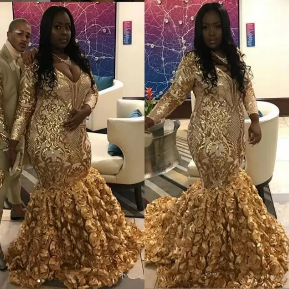 

Gold Plus Size African Long Sleeves Evening Dresses V Neck Luxury Sequins Flowers Ruffles Mermaid Prom Gowns فساتين سهره 2024