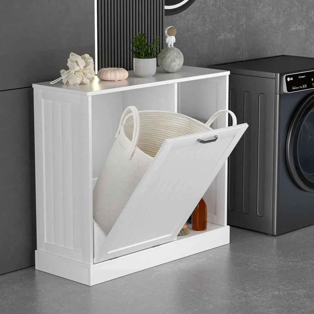 Tilt Out Laundry Hamper Cabinet with Laundry Baskets Hamper,Bathroom Storage Cabinet,10 Gallon Tilt Out Trash Cabinet(White)