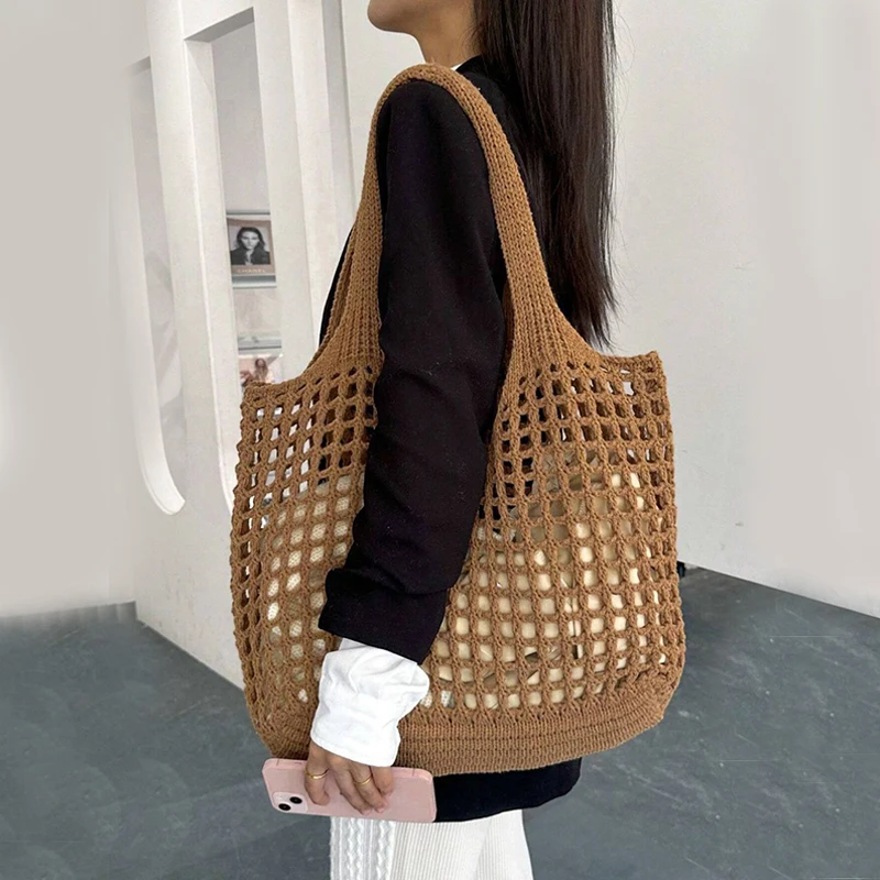 Women Crochet Tote Bag Hollow Beach Bag Large Capacity Fashion Knitted Bag Solid Color Simple Shopping Bag for Travel Vacation 3