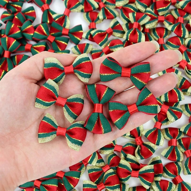 30Pcs Christmas Mini Bow Knot Xmas Tree Ornaments DIY Wreath Craft Girls Hair Accessories 2025 New Year Gift Wrapping Decoration