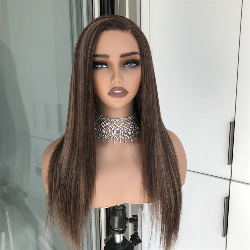 Brown Mix Blonde Highlight Long Straight Wear and Go Glueless Synthetic Lace Wigs Side Part 22inch Daily Use