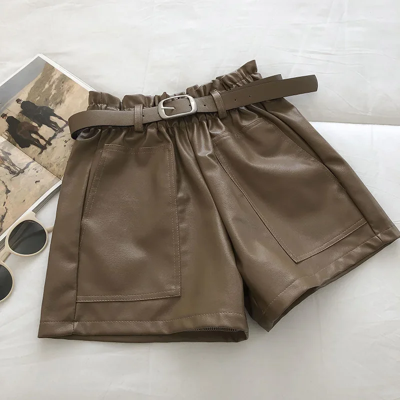 Autumn Winter Women PU Leather Shorts Wide Leg Solid Big Pockets Female Fashion High Waist Korean Casual Loose Leather Shorts