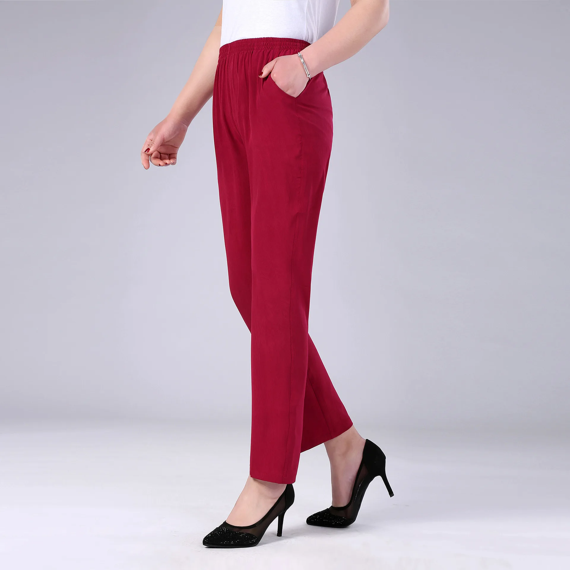 

Spring Summer Women Thin High Waist Elastic Straight Long Pencil Pants Casual Red Trousers Large Size 3xl Xxxl
